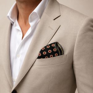 Black Mini Rosette Medallion Silk Pocket Square – Refined Vintage Geometric Suit Accessory