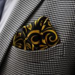 Golden Baroque Vine Silk Pocket Square – Black and Mustard Ornamental Suit Handkerchief
