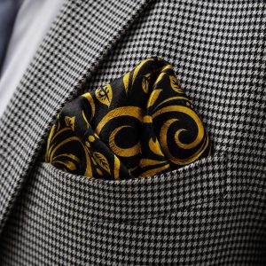 Golden Baroque Vine Silk Pocket Square – Black and Mustard Ornamental Suit Handkerchief