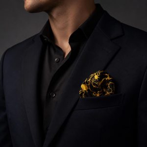 Black and Gold Art Nouveau Tulip Silk Pocket Square – Elegant Botanical Suit Accessory