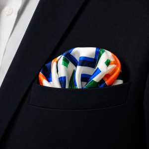 Colour Block Diamond and Chevron Silk Pocket Square – Navy Orange and Green Geometric Design