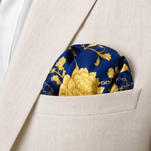 Royal Blue and Gold Floral Chain PrintSilk Pocket Square – Elegant Luxury Suit Handkerchief for Men
